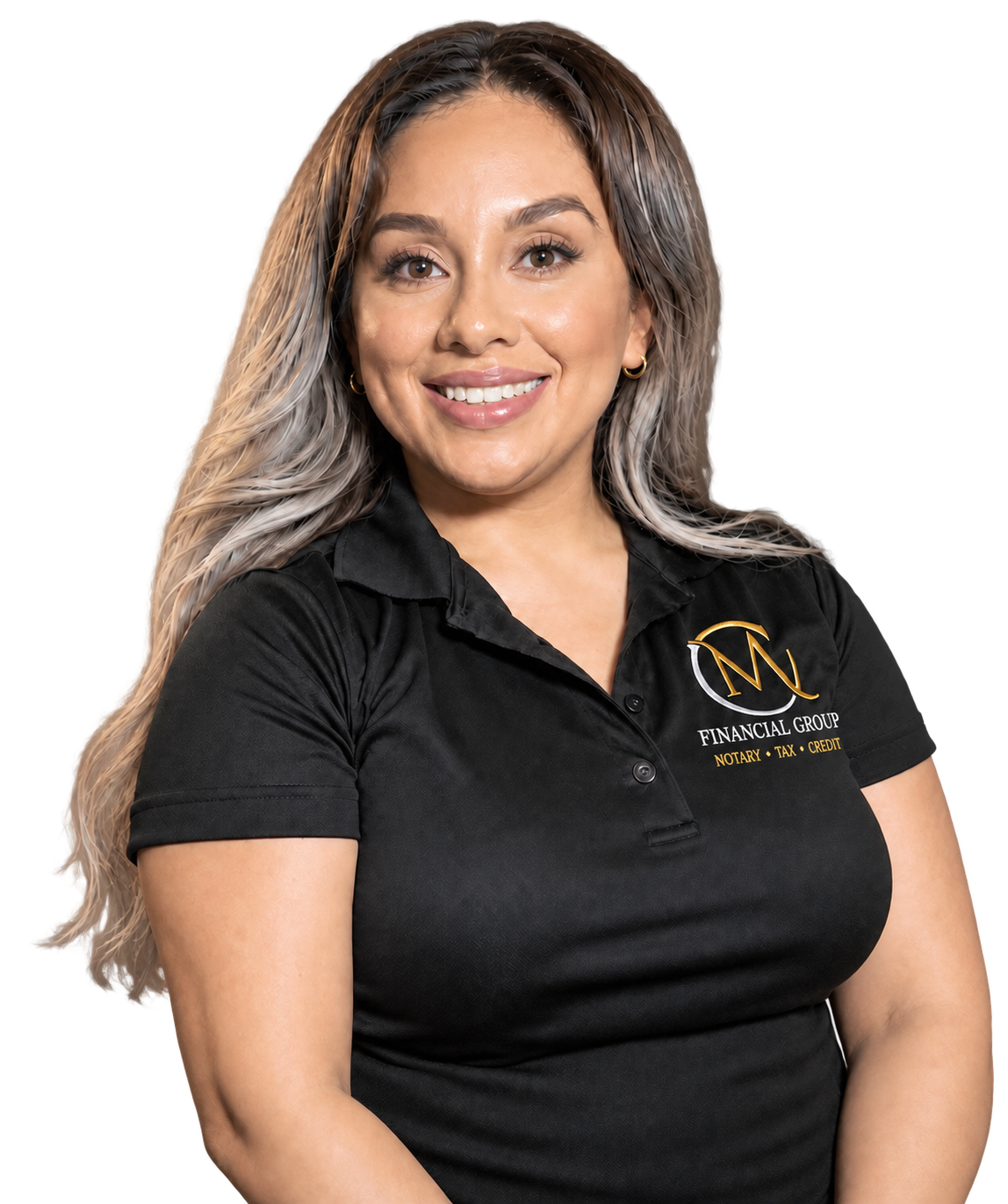 Cassandra Medrano, founder of CM Financial Group, wearing her CM Financial Group shirt